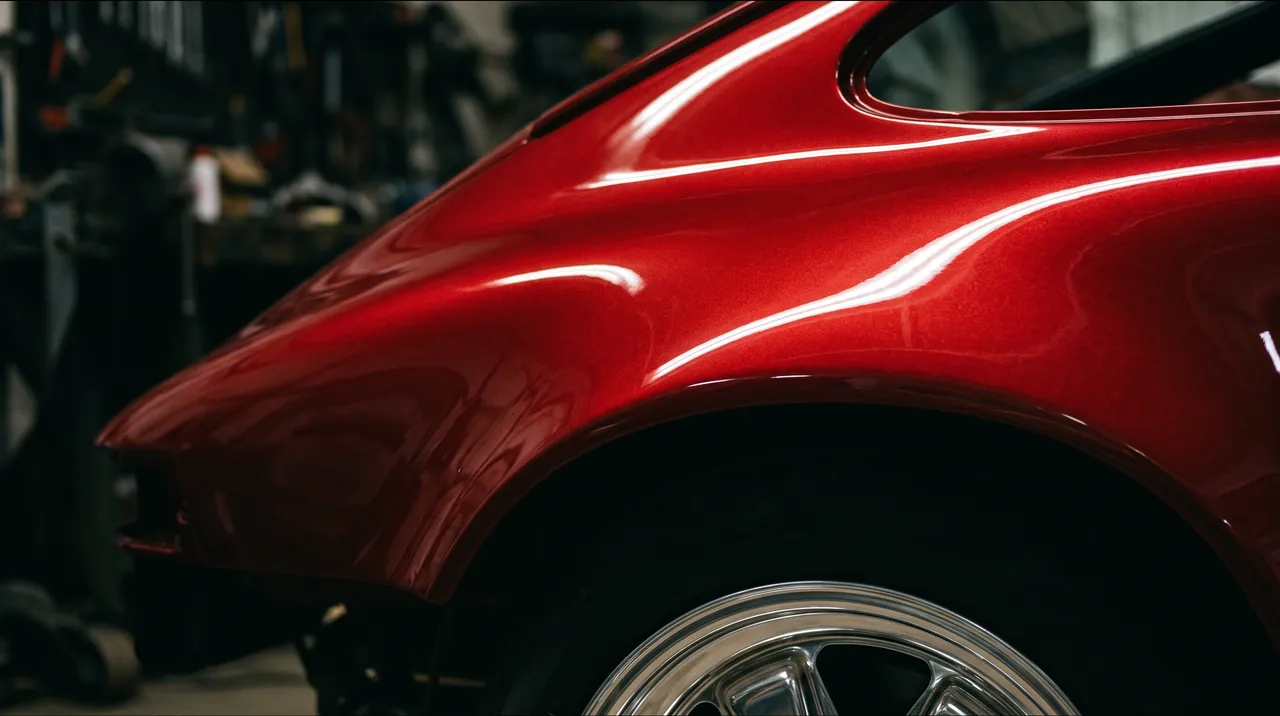 Deep red going onto the wing of a classic car in the booth