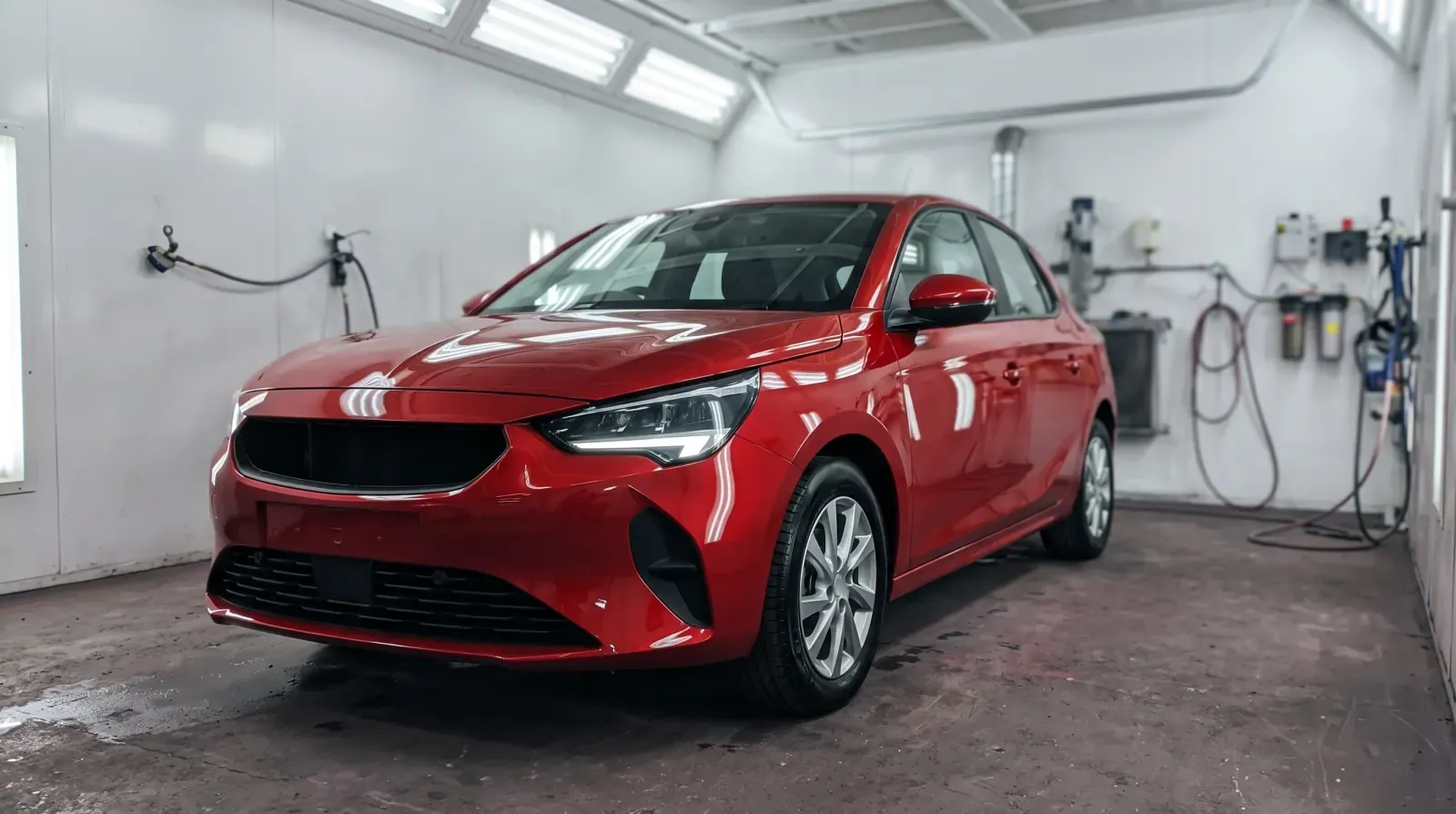 A freshly painted red hatchback in the spray booth
