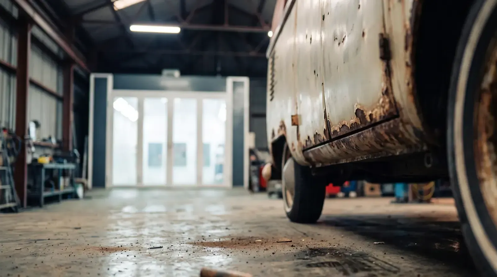 Rust along the sill and rear wheel arch of an old VW camper in the workshop