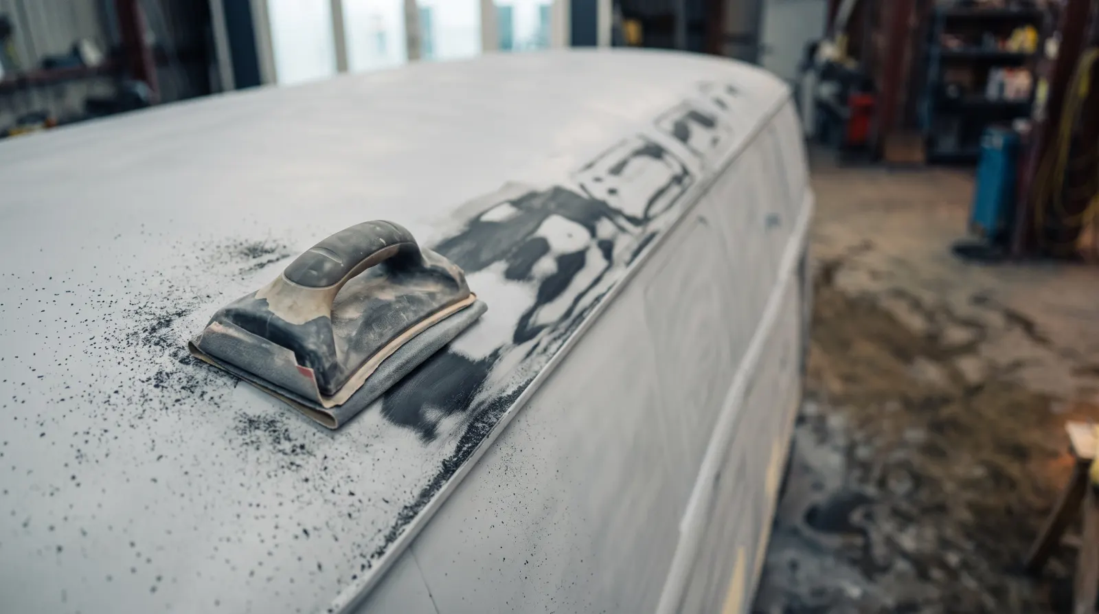 Guide coat being blocked back on a van's primed panel, a sanding block resting on it