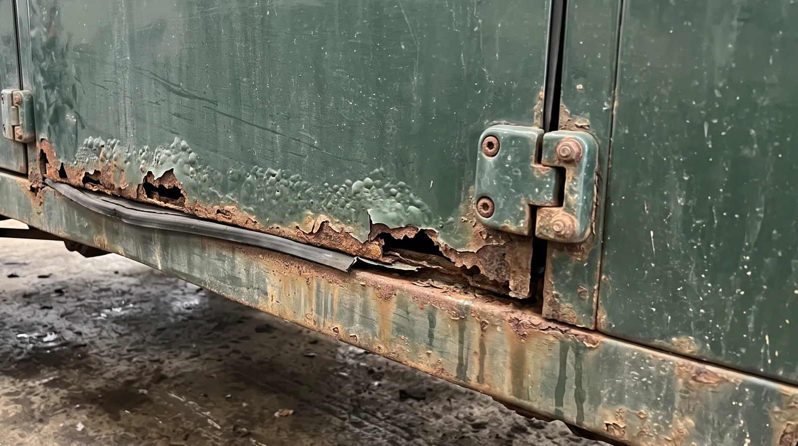 Rust eating through the bottom of a green Land Rover door frame beside its hinge, and along the sill under it