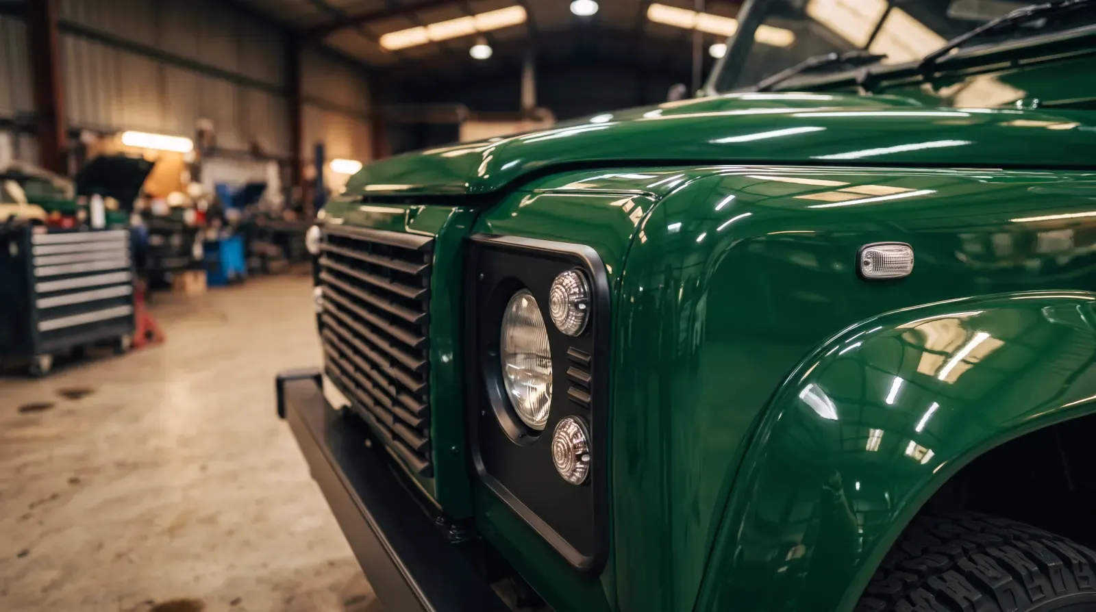 A Land Rover Defender in solid green gloss