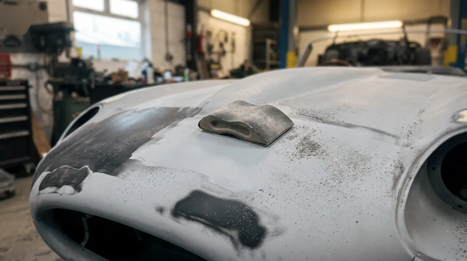Guide coat being blocked back on an E-type bonnet