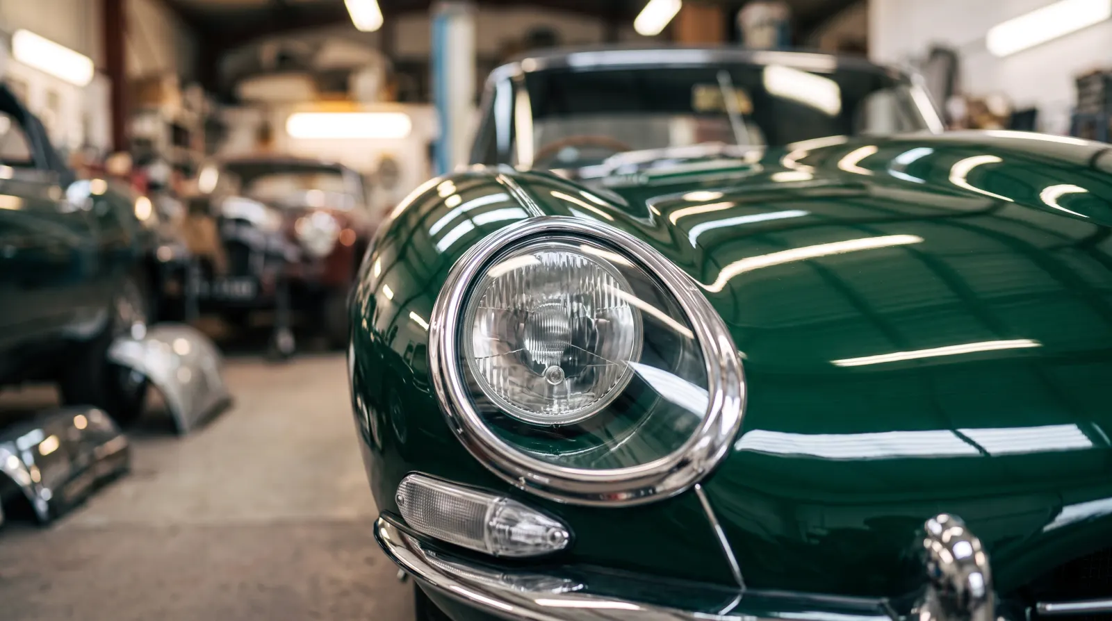 The shop lights running in curved reflections over the green wing and chrome headlight of an E-type