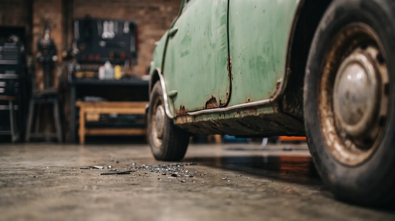 Rust low down on the sill and door of a tired green classic Mini in a workshop