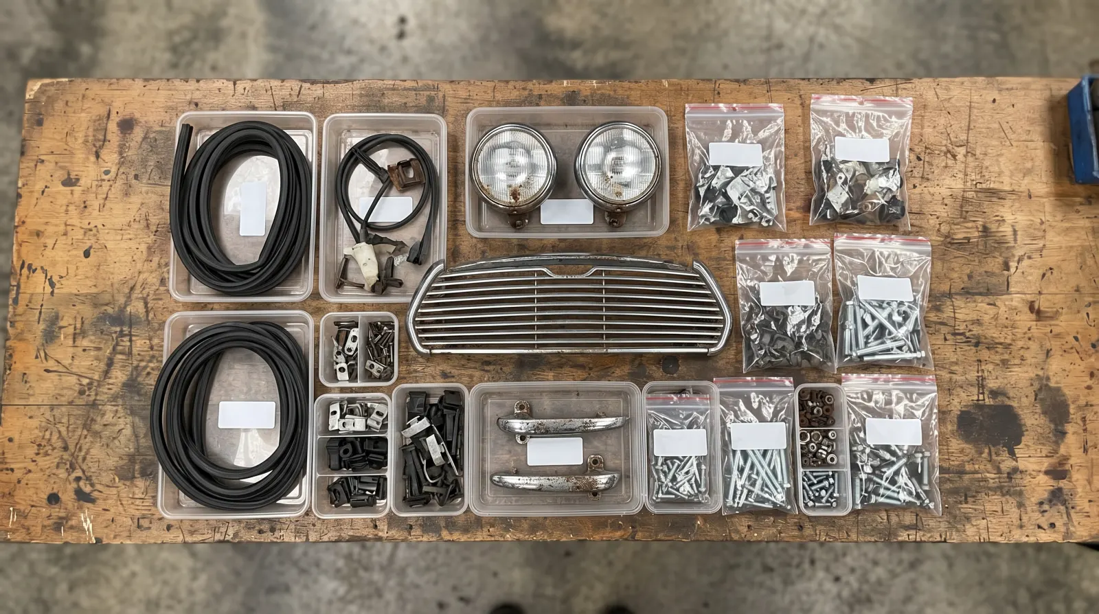 Trim, lights and seals off a classic Mini, bagged and labelled on the bench