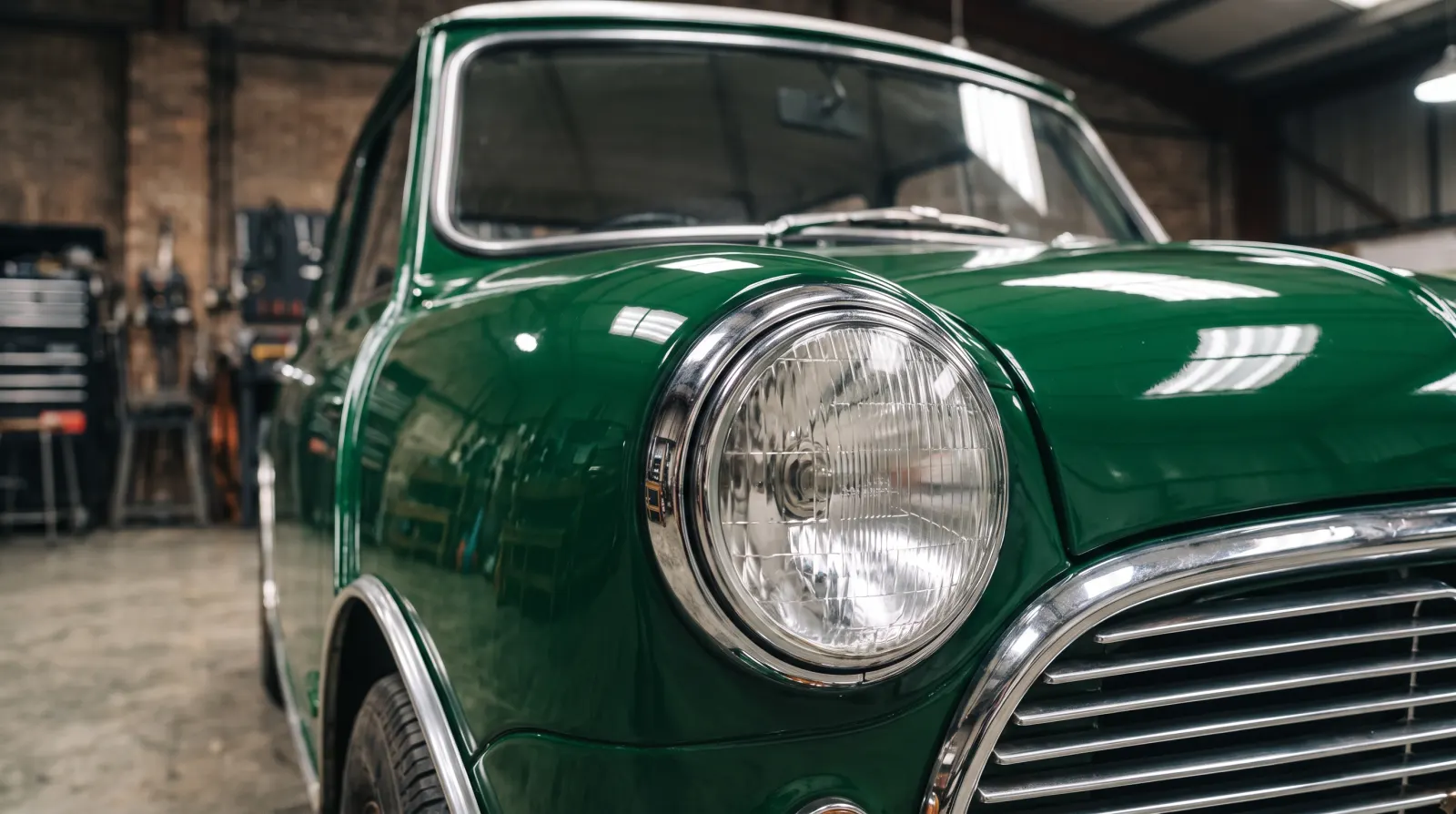 The polished green front of a classic Mini