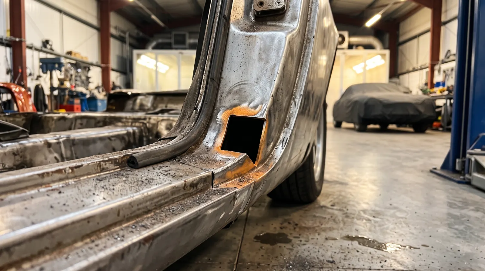 A Porsche 911's sill and floor taken back to bare metal