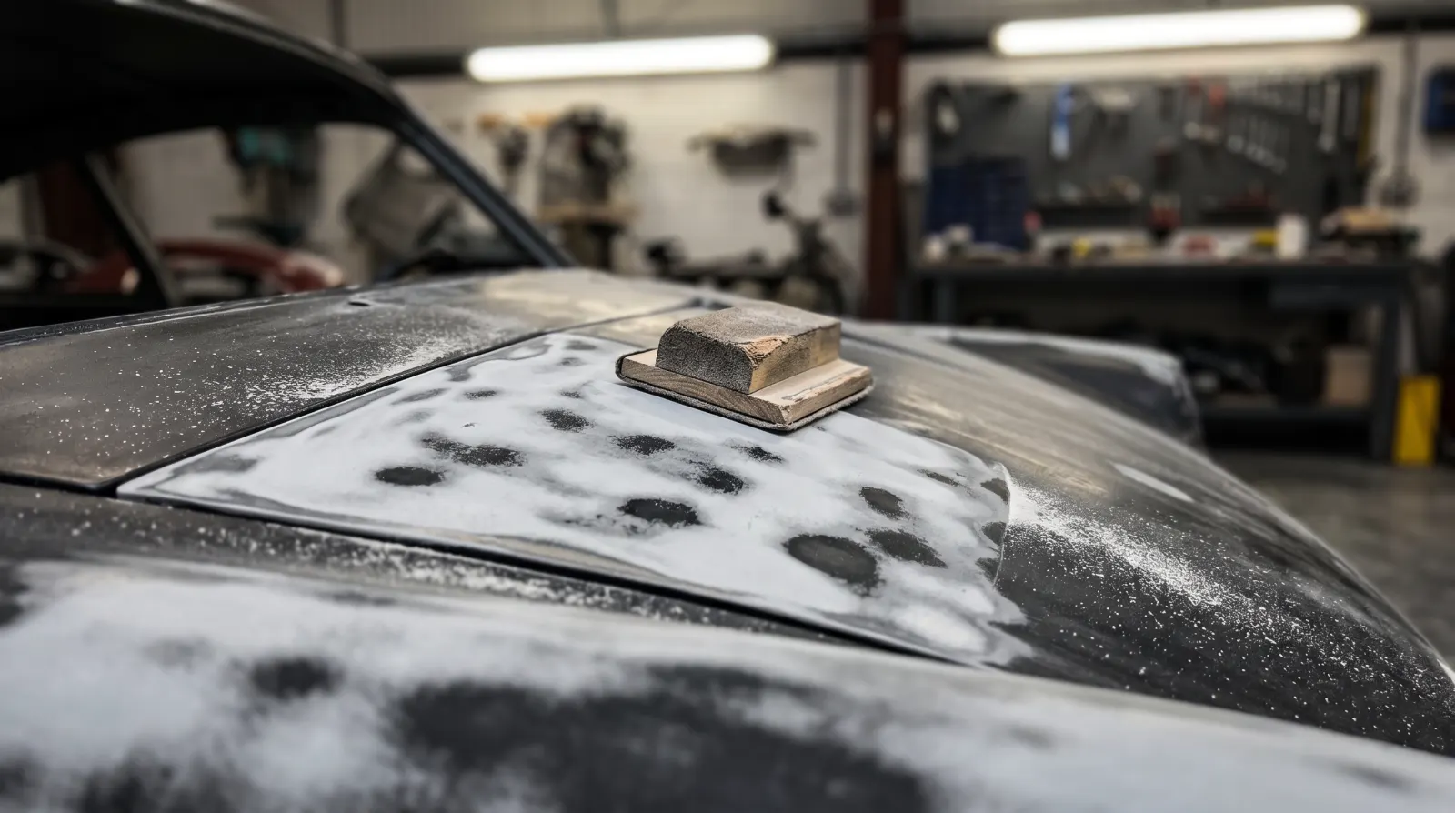 White guide coat dusted over dark primer on a sports car's bonnet, the low spots still dark, a wooden sanding block resting on top