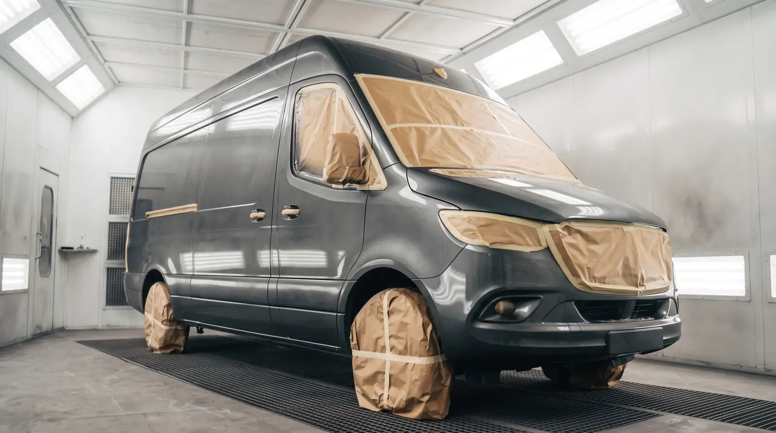A van masked up in the booth