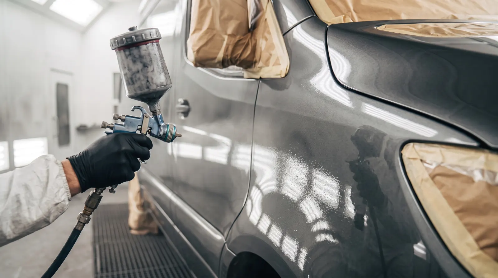 Grey paint going on the side of a long wheelbase van in the spray booth, its windows and lights masked