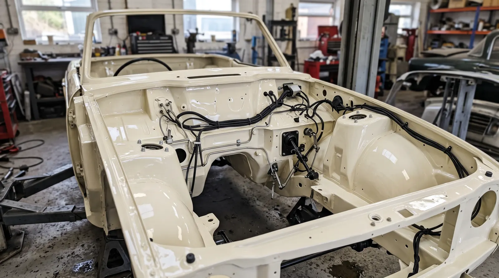 The empty engine bay of a cream classic convertible shell, painted inside and out, its wiring loom going back in