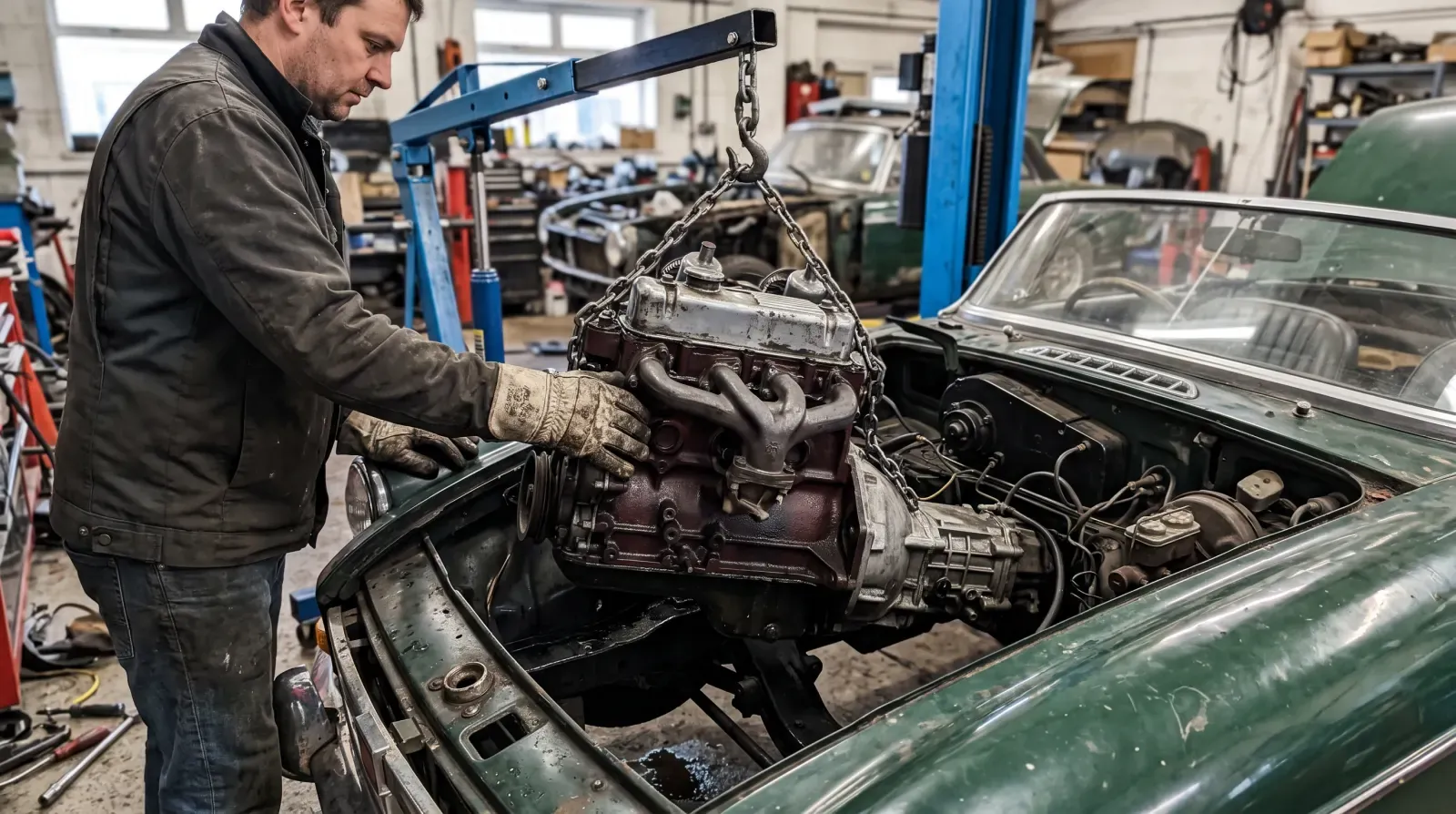 An engine and gearbox being lifted out of a green classic roadster on a workshop hoist