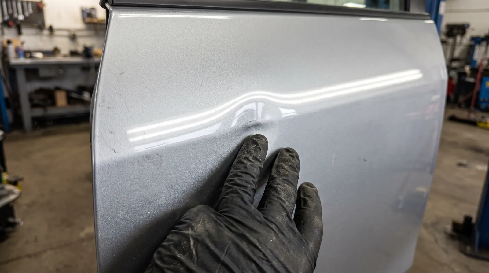 A gloved hand feeling a small dent in a silver car door, the workshop lights bent round it in the reflection