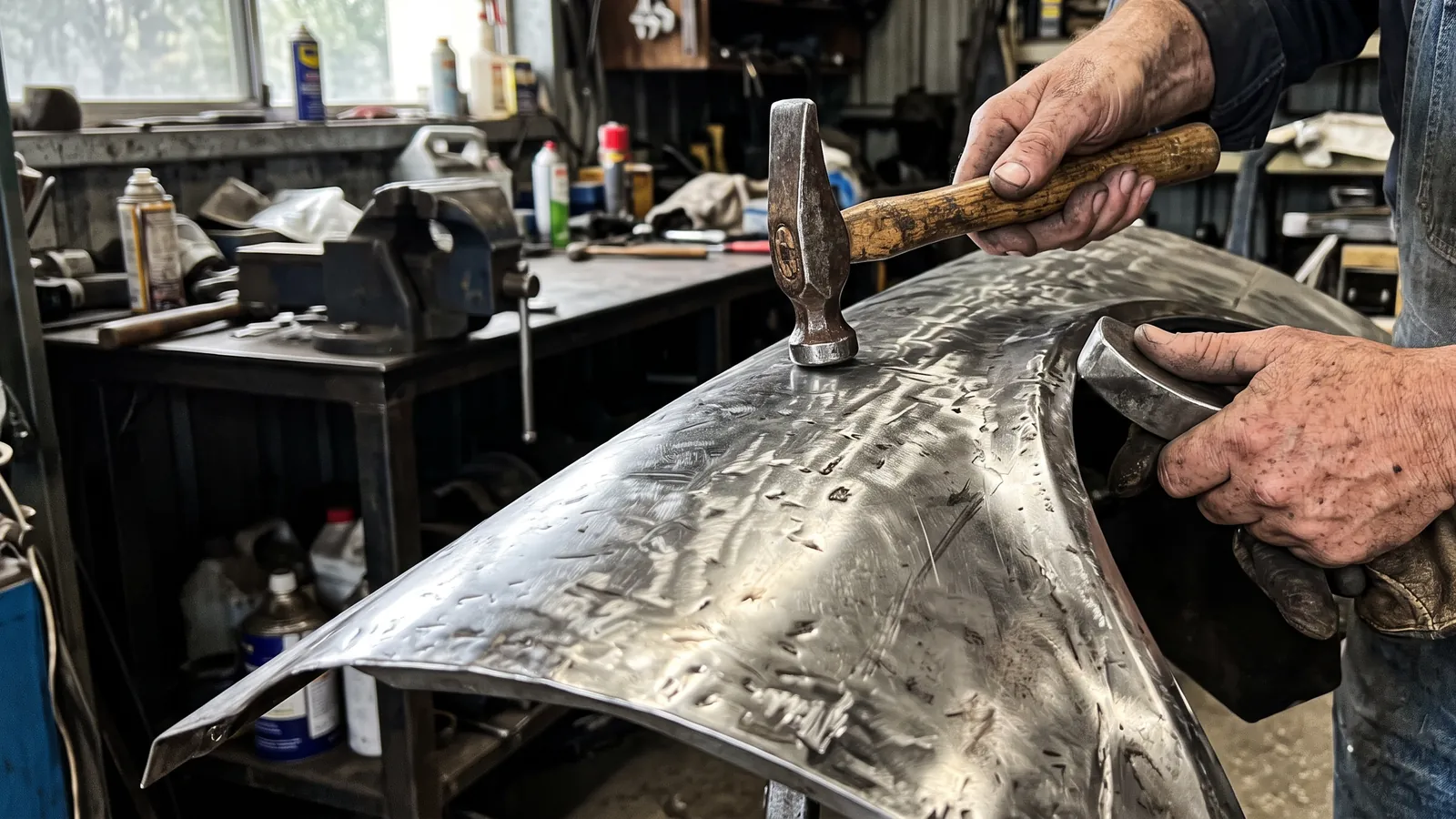 A new piece of steel being shaped with a hammer and dolly on the bench