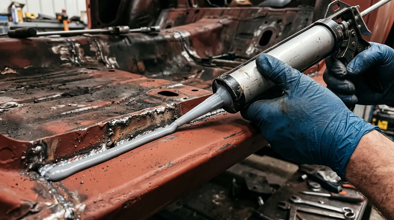 Seam sealer run along a welded joint in a floor