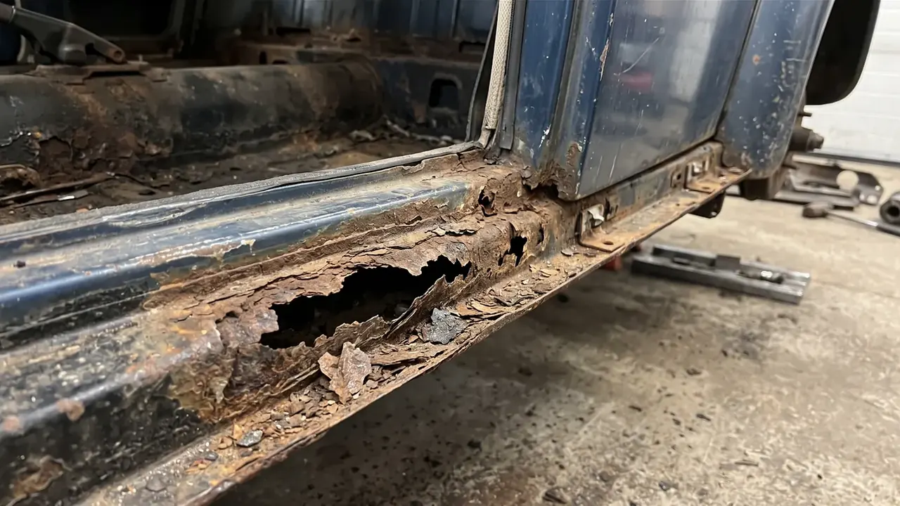 A classic car sill rotted right through below the door