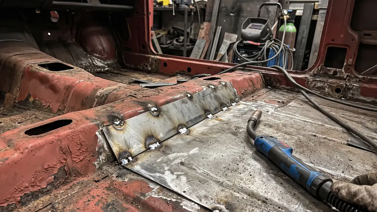 A new section of floor plug welded into a classic shell, the welding torch beside it