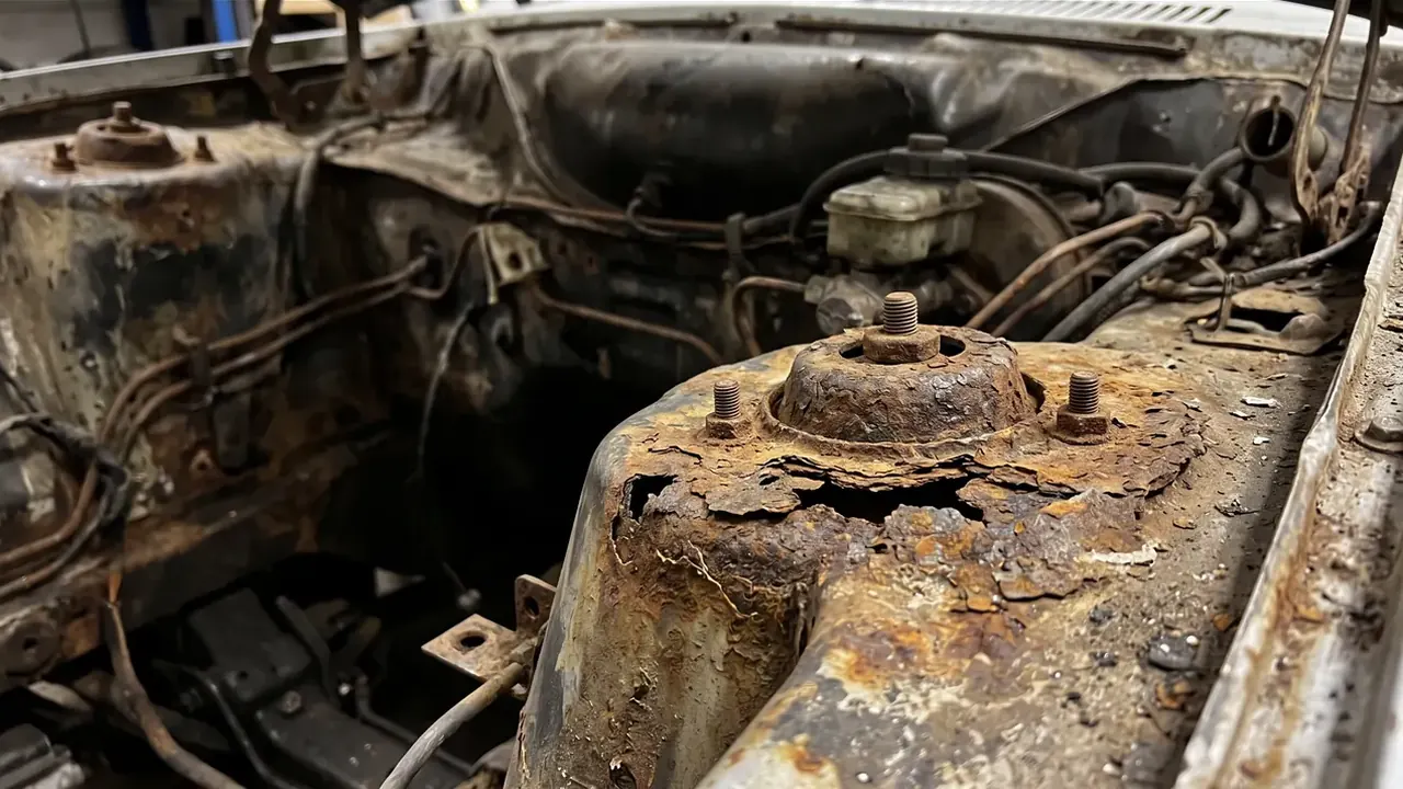 A suspension turret rusted through under the bonnet of a classic