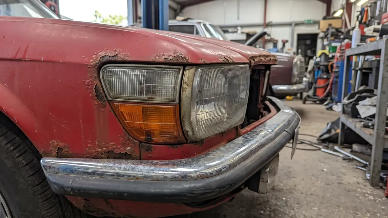 Rust lifting the paint round the headlight of a red classic saloon