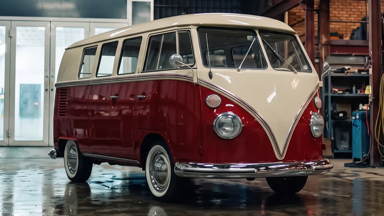 The same split-screen VW camper, tired pale blue as it came in and red and cream as it went out, after