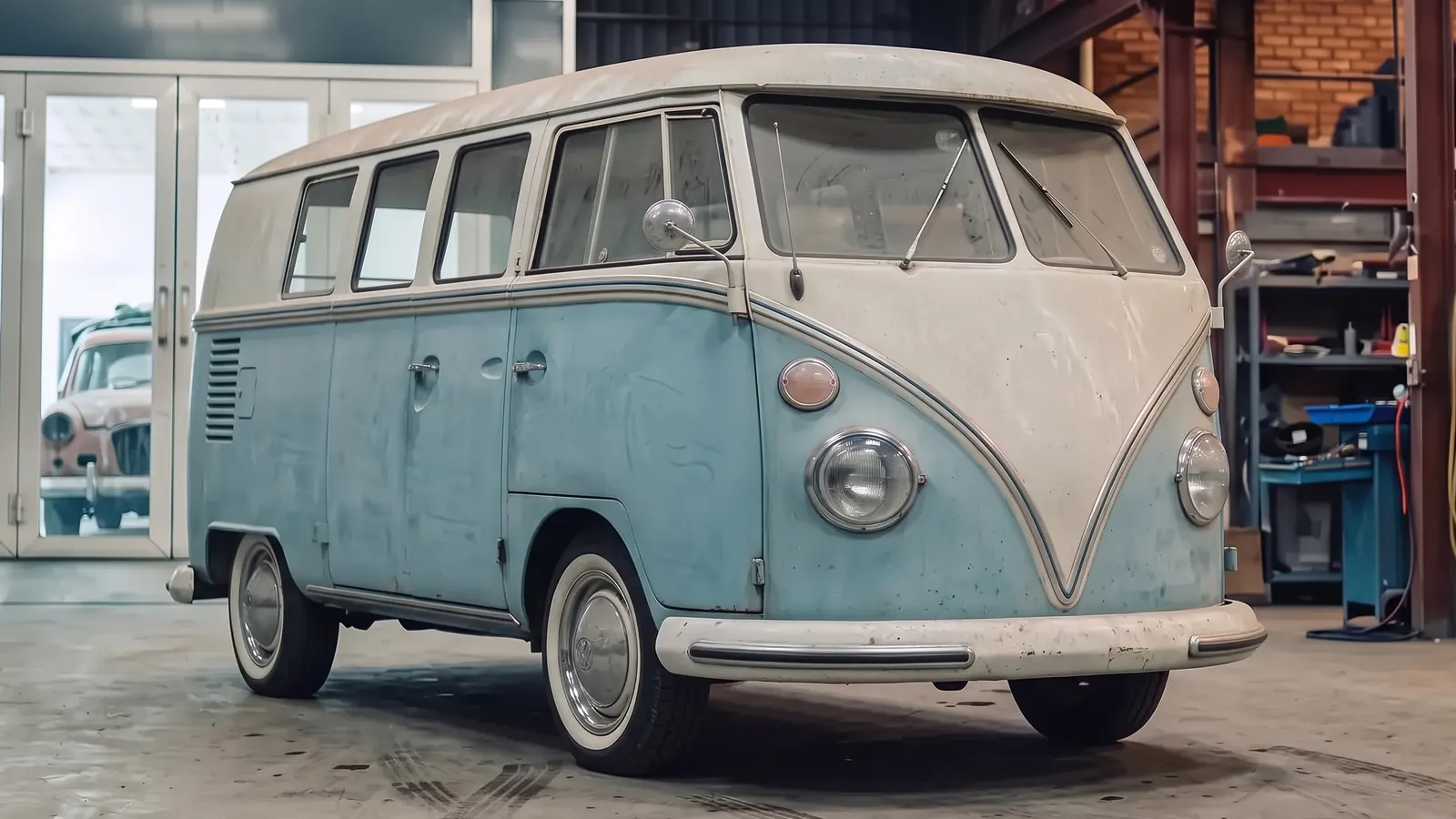 The same split-screen VW camper, tired pale blue as it came in and red and cream as it went out, before