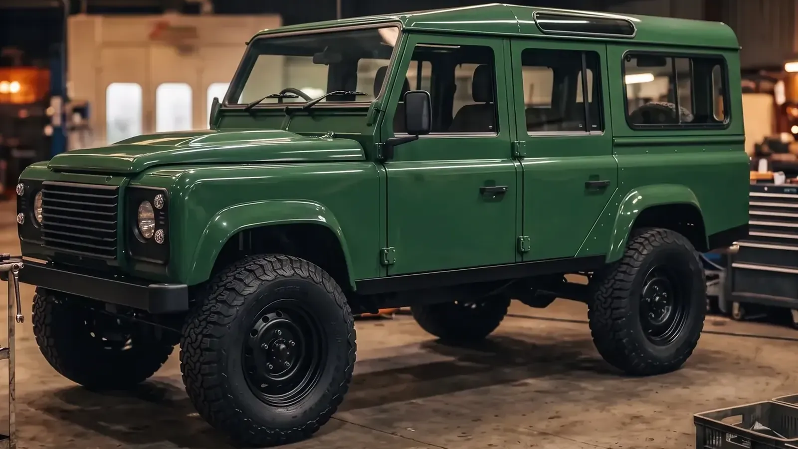 The same Land Rover Defender, tired chalky white before and green after, after