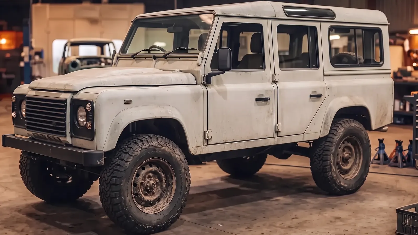 The same Land Rover Defender, tired chalky white before and green after, before