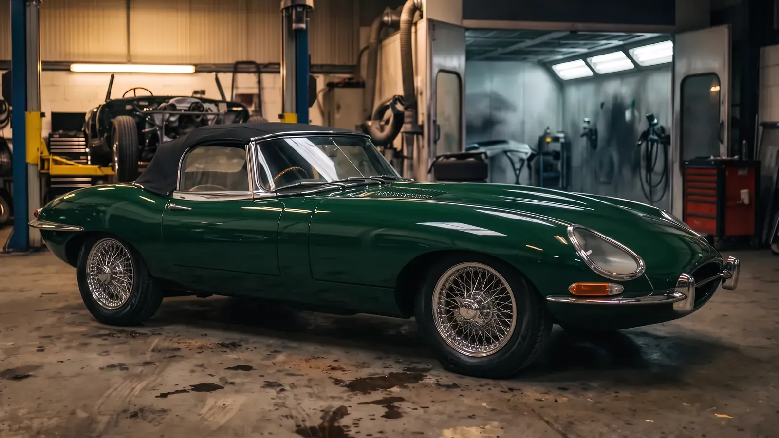 An E-type roadster, in grey primer before, green after, after