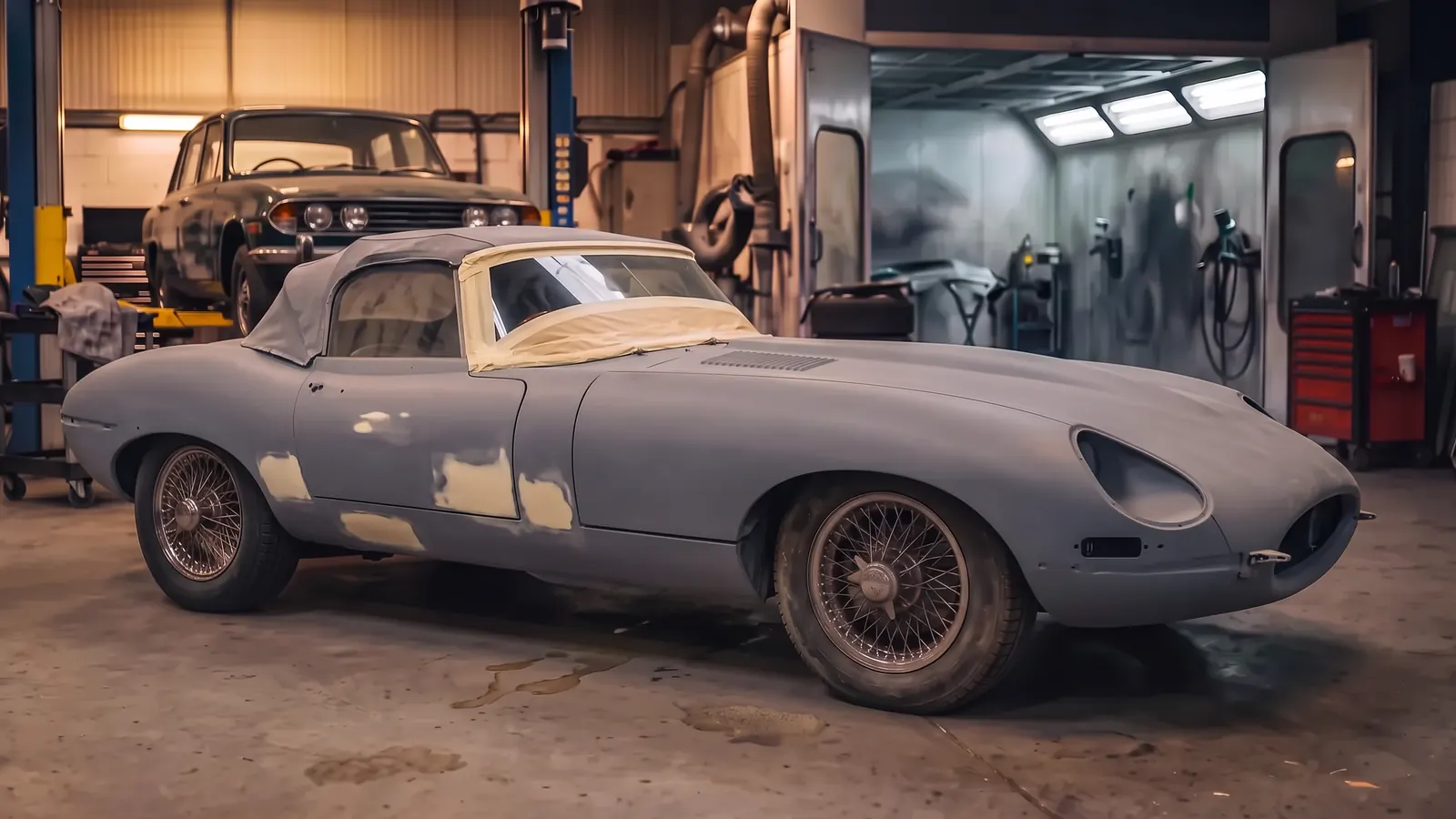 An E-type roadster, in grey primer before, green after, before