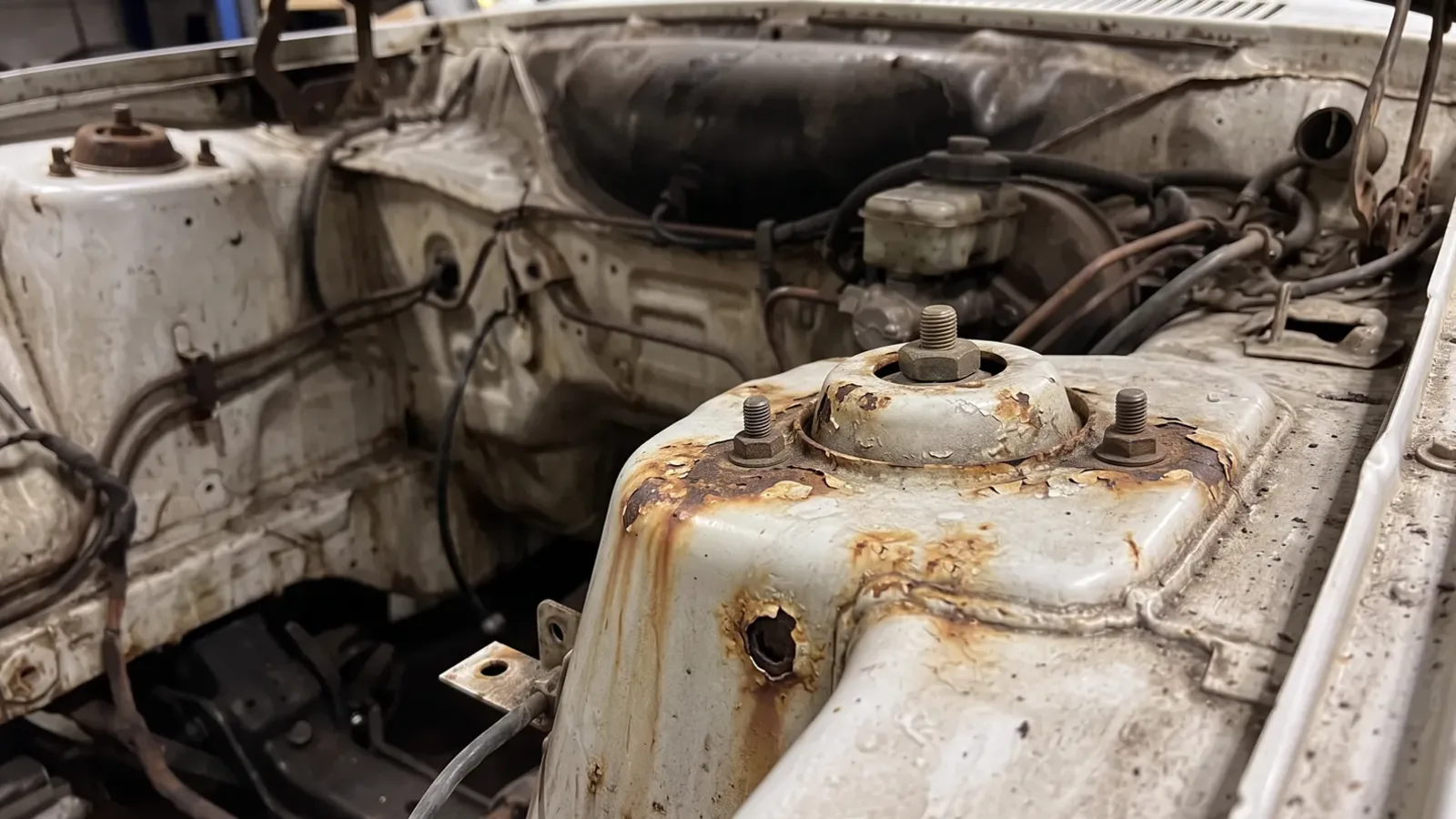 A front suspension turret in an Escort's engine bay, before