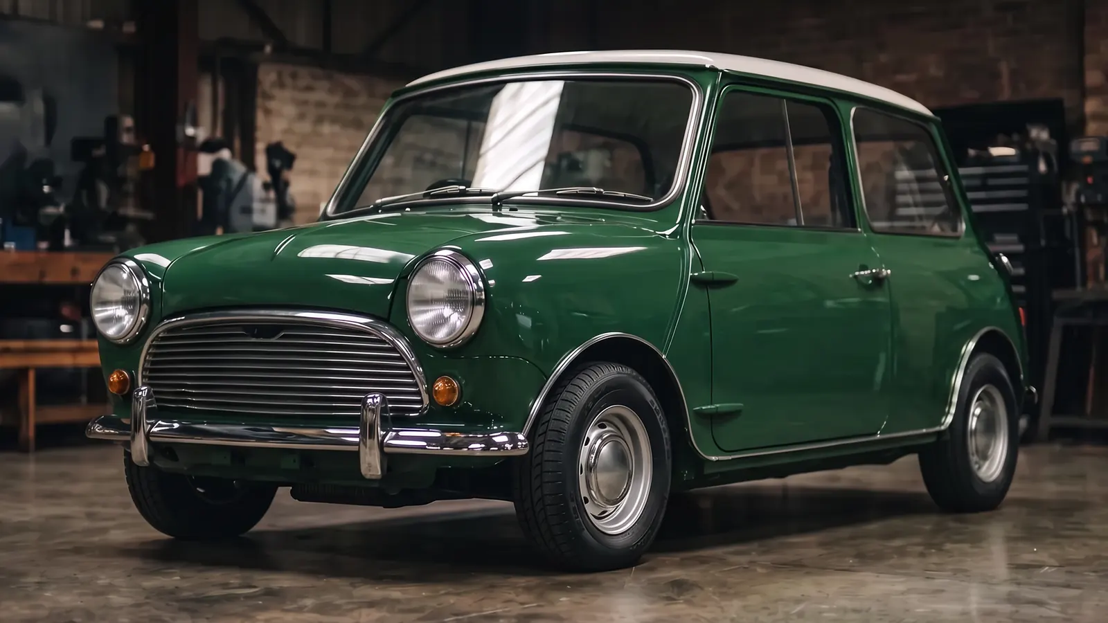 The same classic Mini, grey with patches of filler as it came in and green as it went out, after