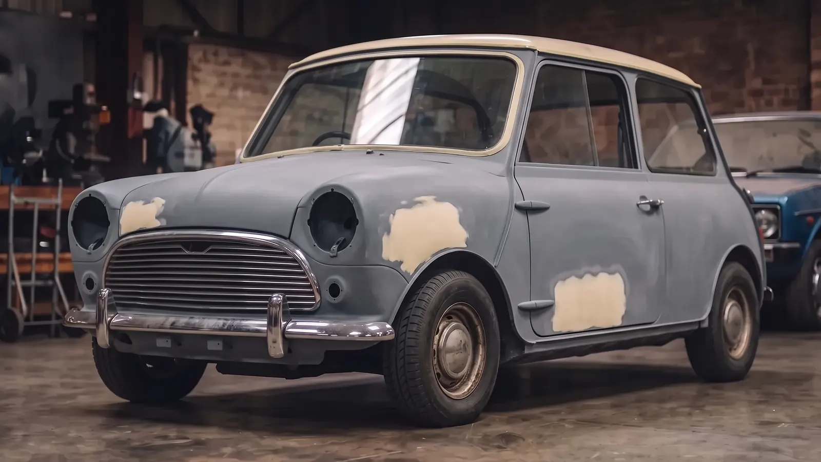 The same classic Mini, grey with patches of filler as it came in and green as it went out, before