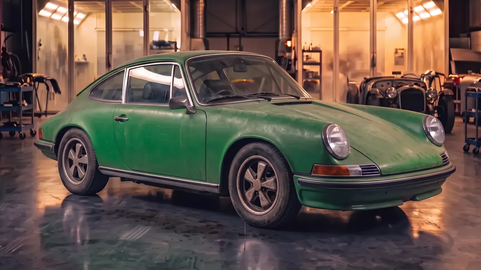 A classic 911, tired faded green before, deep red after, before
