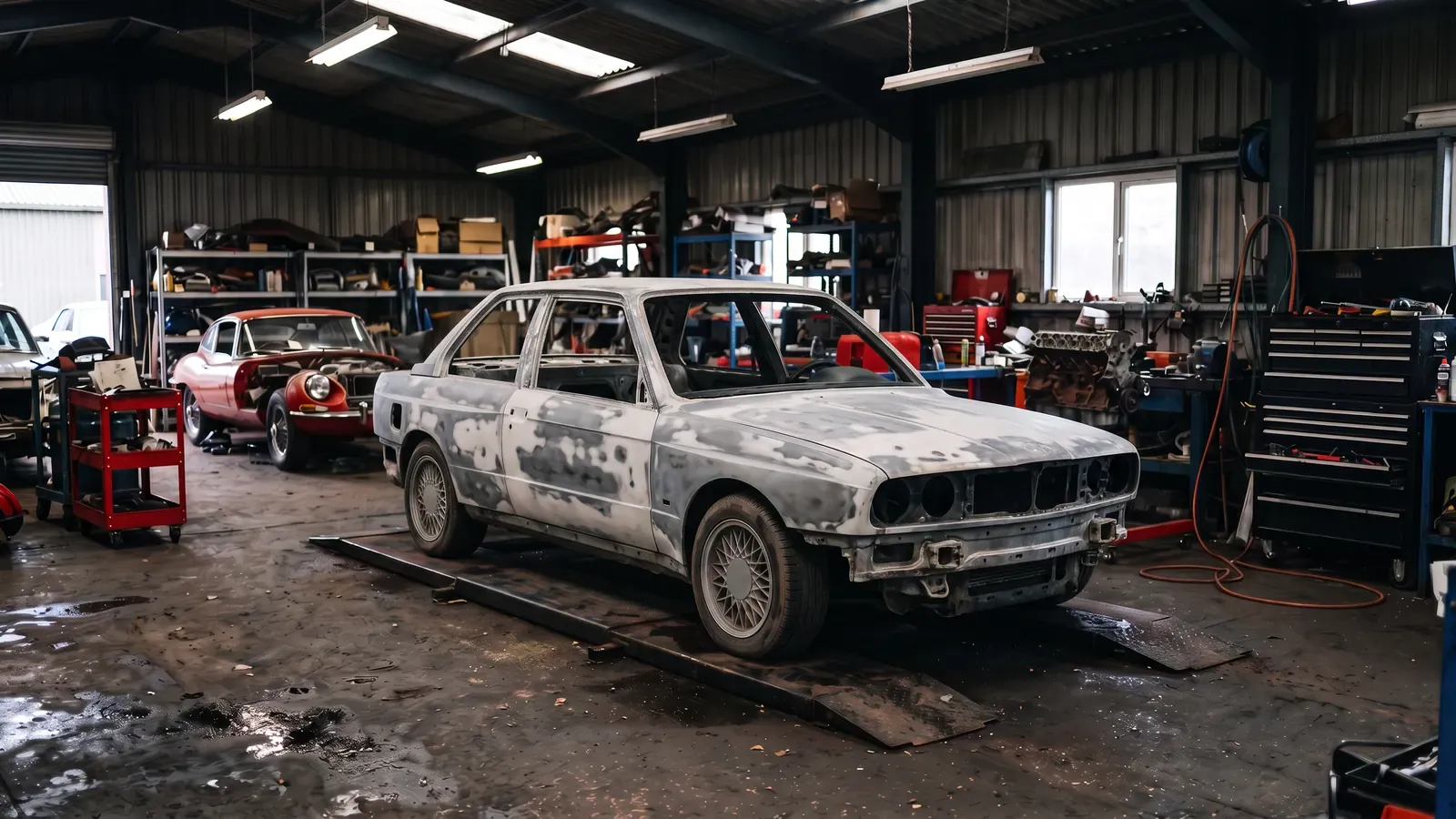 The same BMW E30, white as it came in and with its old paint taken back, after