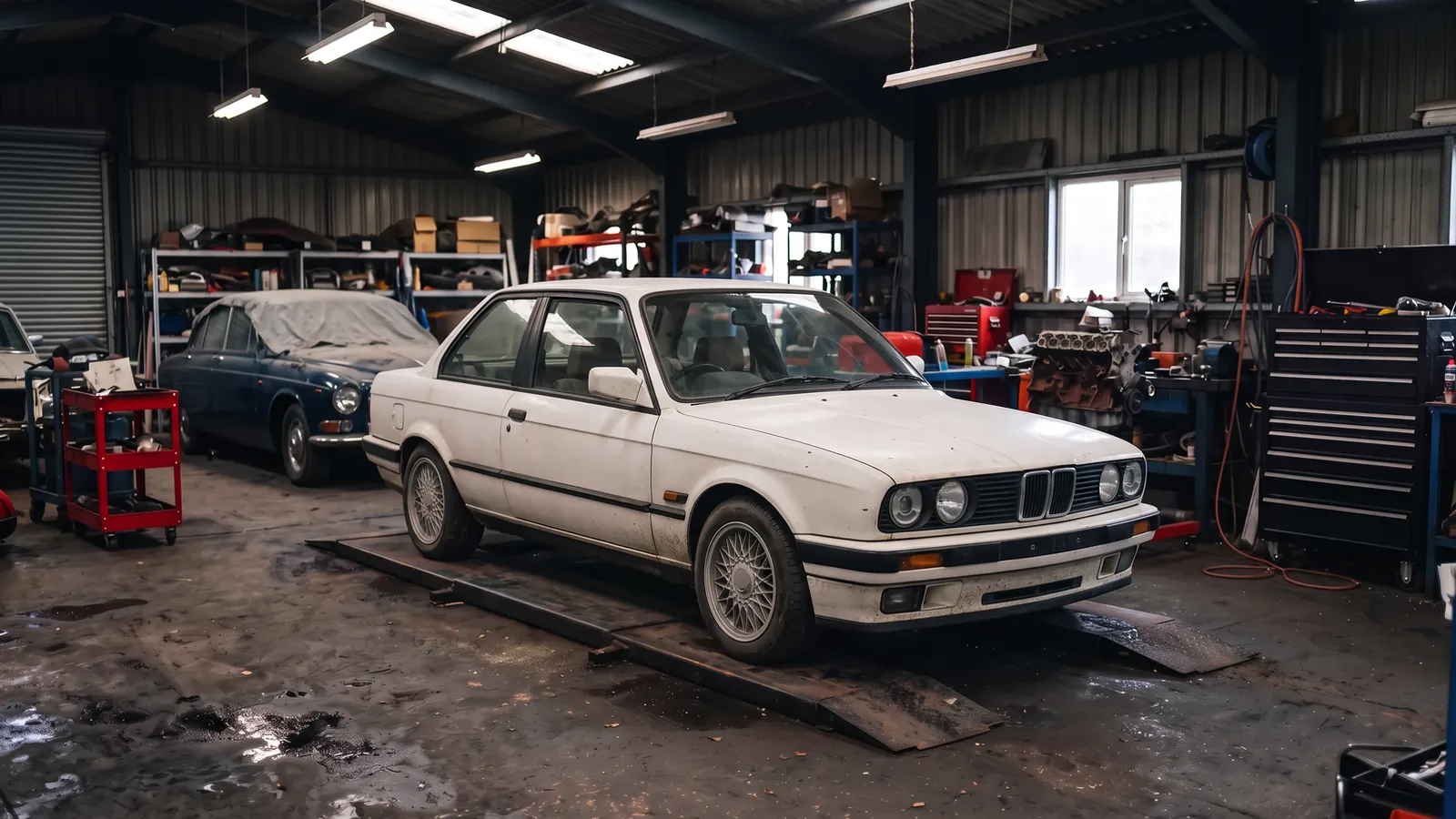 The same BMW E30, white as it came in and with its old paint taken back, before