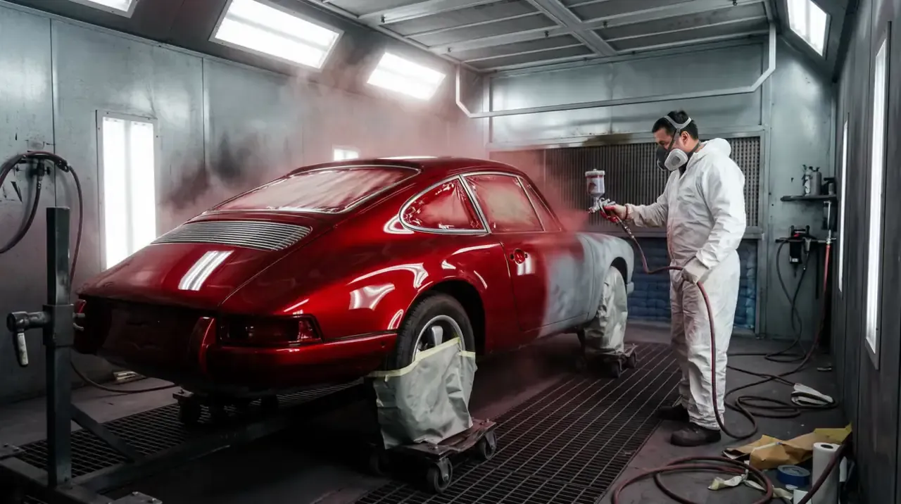 A painter in white overalls and a mask spraying a red Porsche 911 in the spray booth, its front wing still in grey primer