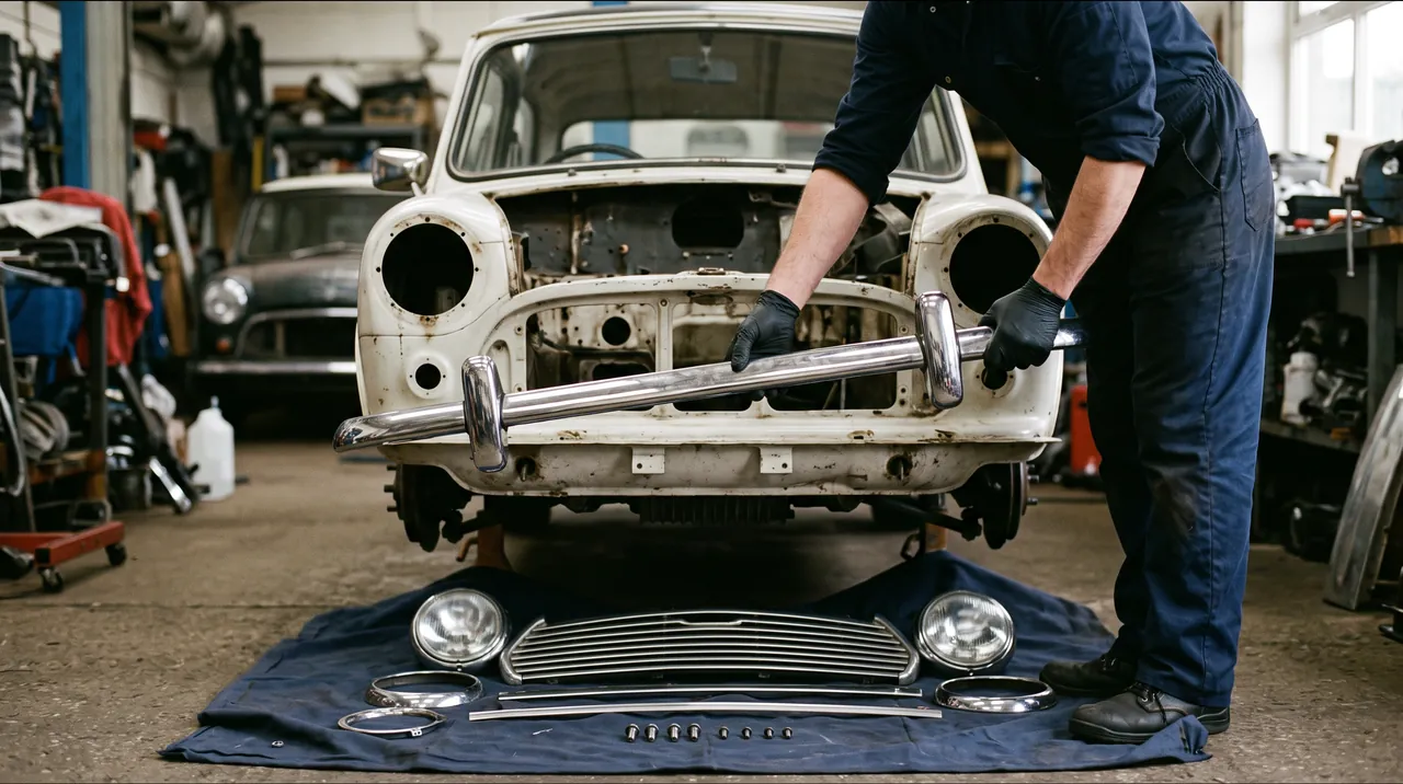 Taking the front bumper off a classic Mini, its grille and lights laid out on a mat