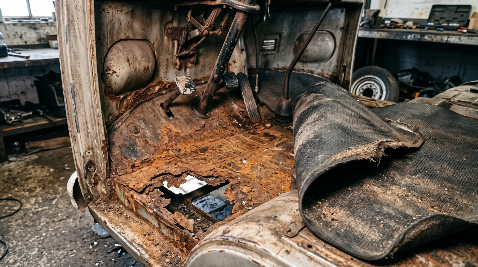 A camper's cab floor rusted through in the driver's footwell, the rubber mat lifted back and the pedals above