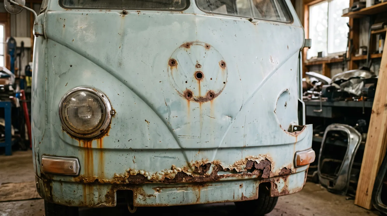 Rust breaking through along the bottom of an old VW camper's pale blue front panel, and round the holes where its badge was