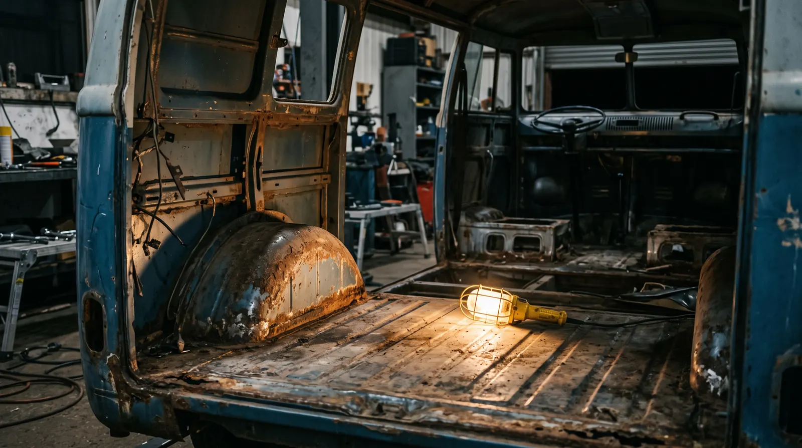 The back of an old VW camper stripped out in the workshop, its bare inner panels, wheel arch and floor showing rust along the edges, a work light on the floor