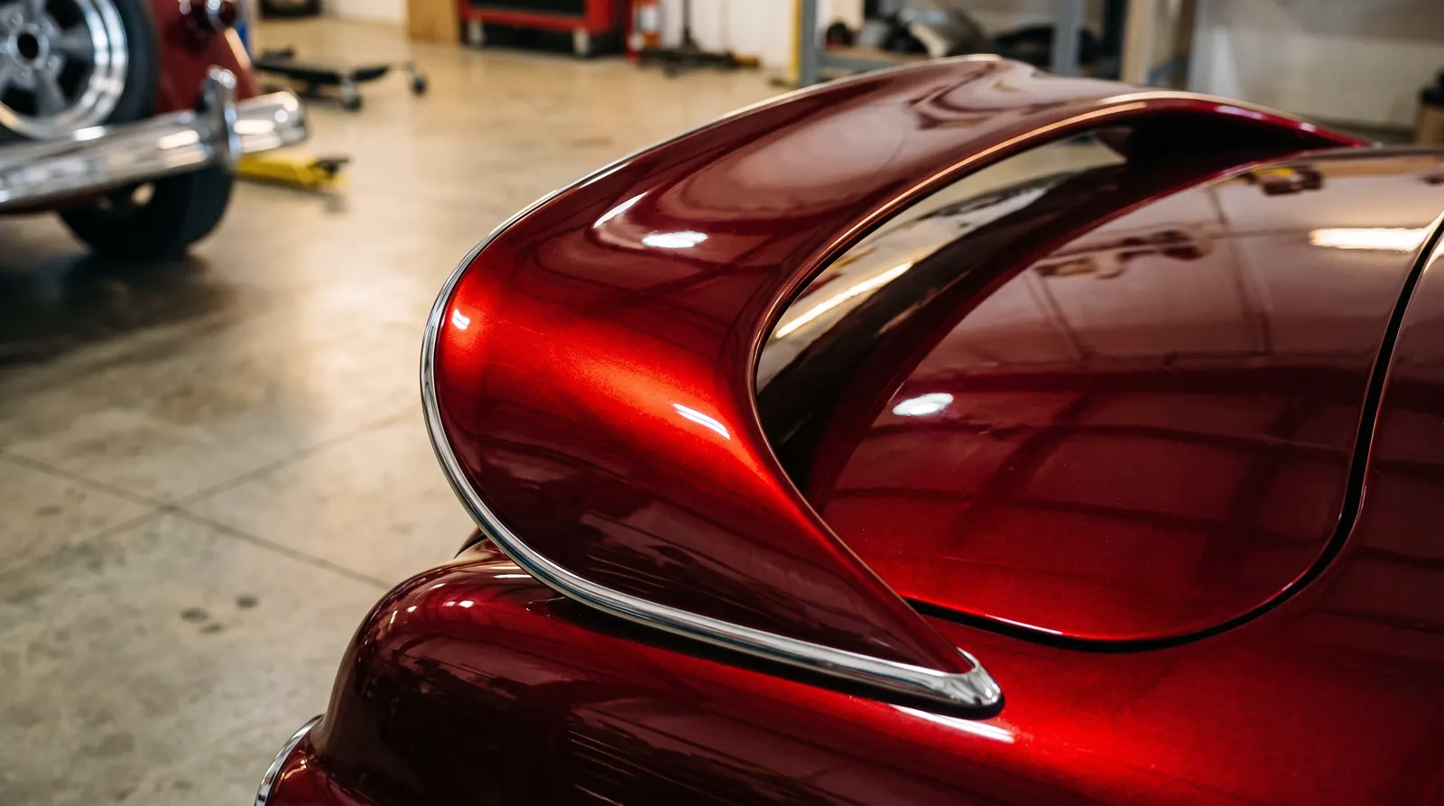 The curved rear fin of a custom car in deep candy apple red, ruby in the shadows and bright where the light catches it