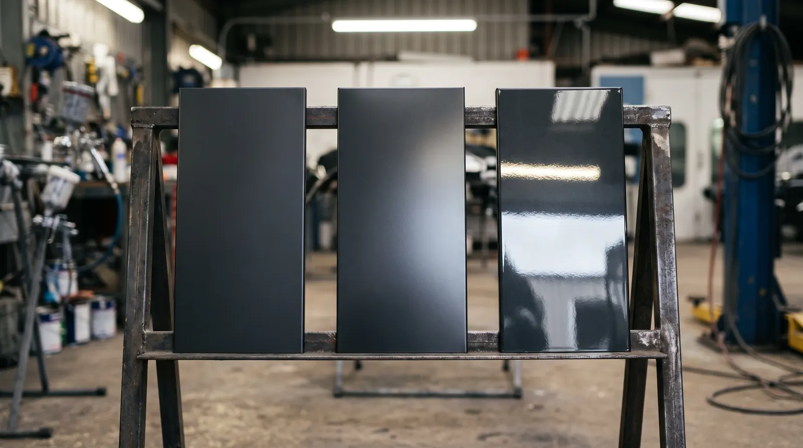 Three test panels in the same dark grey on a steel stand in a workshop: matt, satin and high gloss