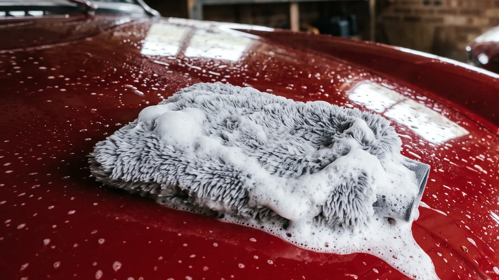 A soapy wash mitt on the wet red gloss bonnet of a car, water beading round it