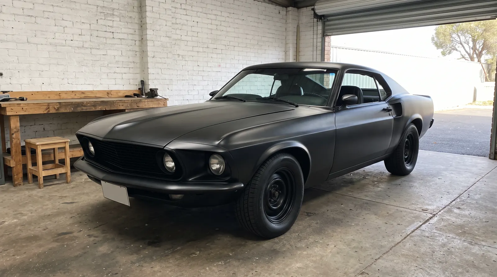 A classic fastback in matt black paint inside a workshop, its flat finish showing no reflections