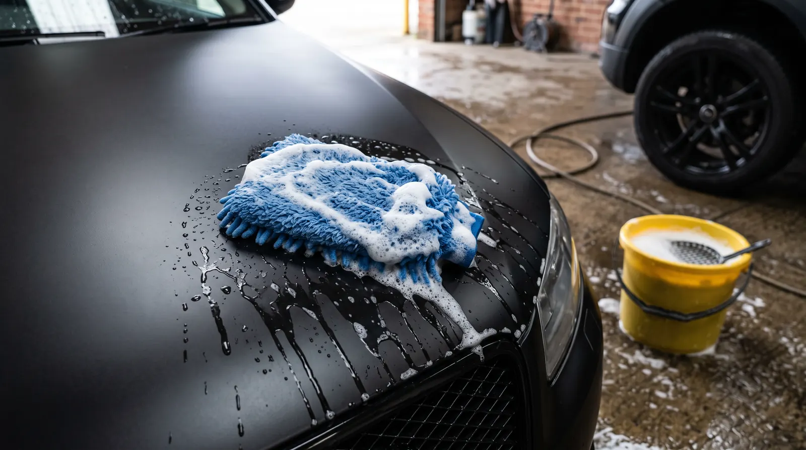 A soapy wash mitt resting on the wet matt black bonnet of a car, a bucket of soapy water on the floor beside it