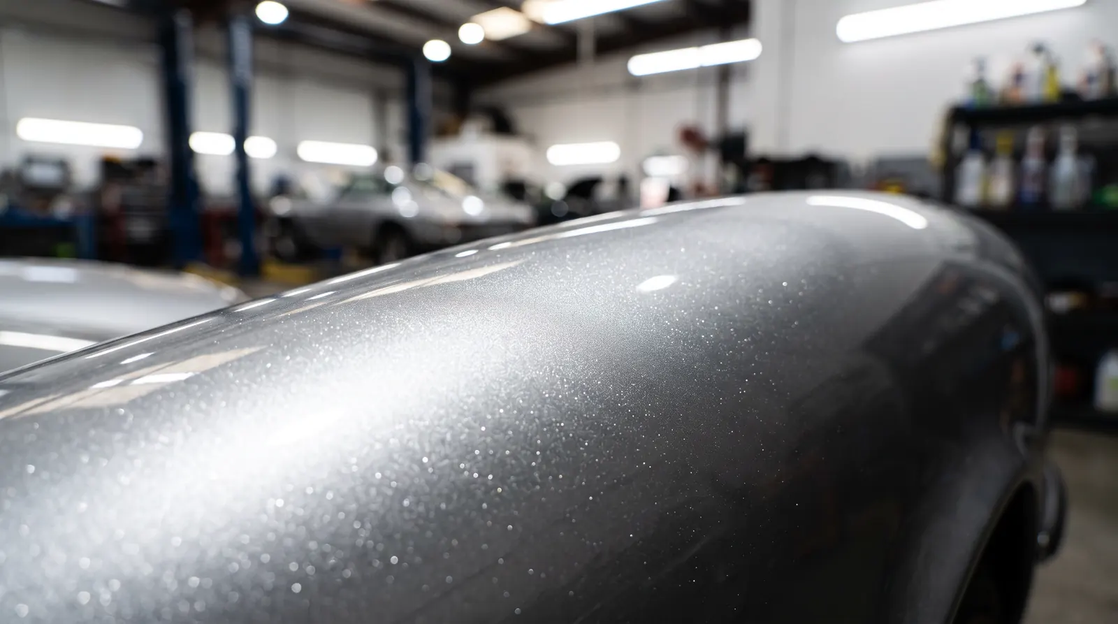 Close up of silver metallic paint on a curved wing, the fine flake sparkling under the workshop lights