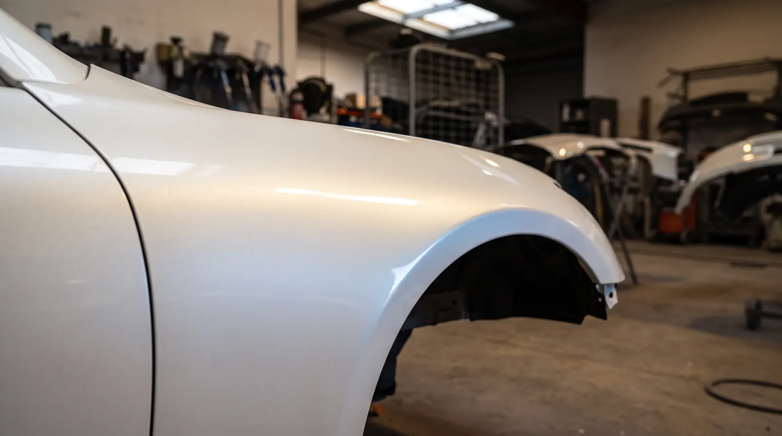 A front wing in pearl white paint, a faint warm shimmer where the light catches the curve