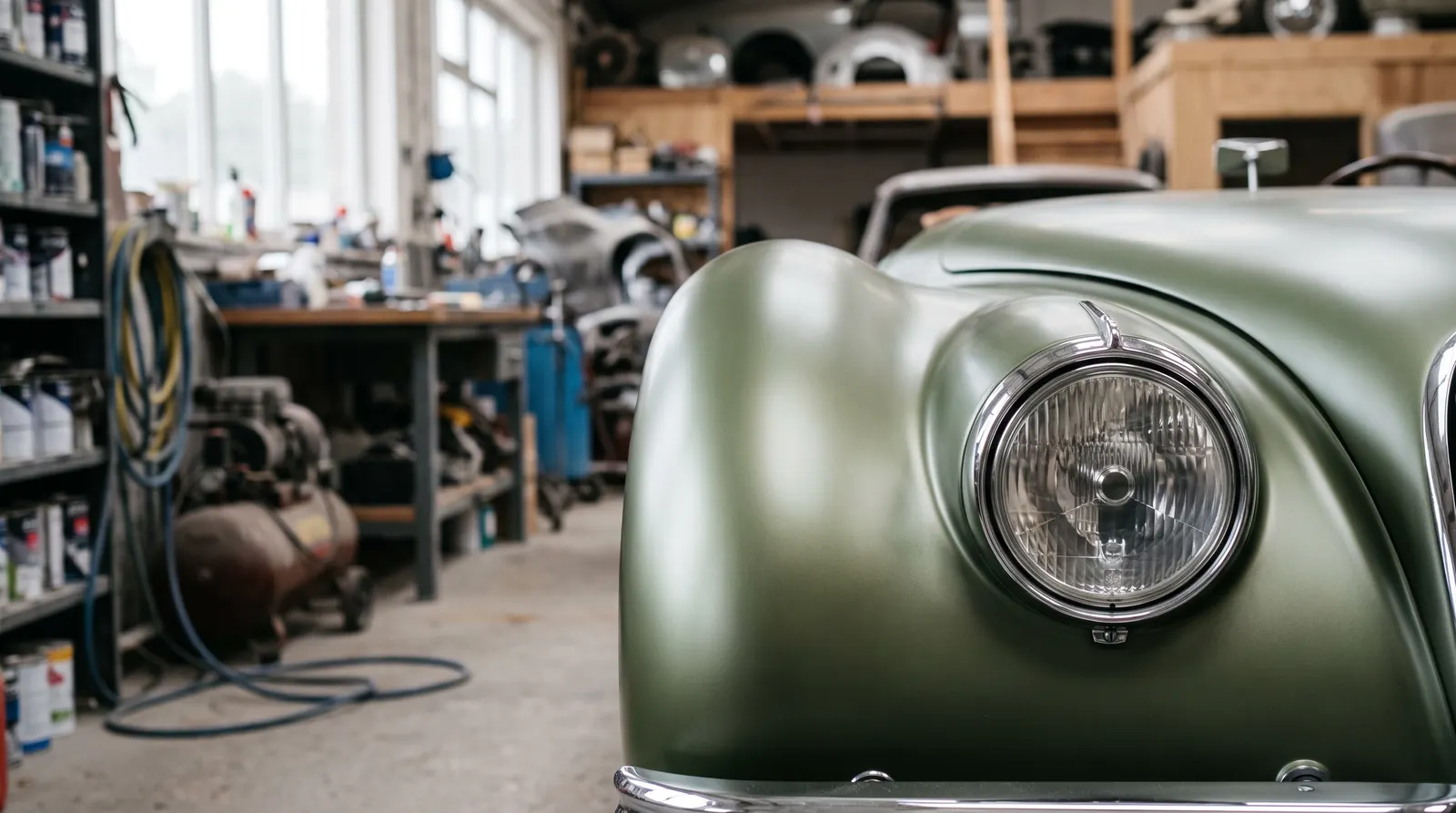 The front wing and headlight of a classic in satin olive green, a soft sheen across the curve and no sharp reflection